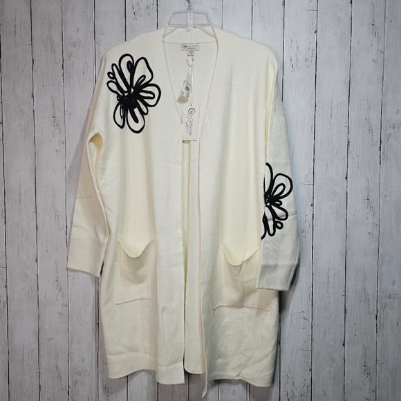 Cato Sweaters - NWT Cato Collection Limited Edition Cream Long Cardigan Black Flowers Size 2X.